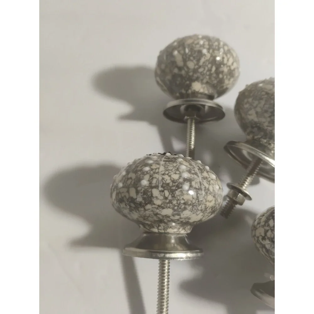Lot of 4 Sea Urchin Ceramic Drawer Knob Pulls Gray White Beige Silver 1.5